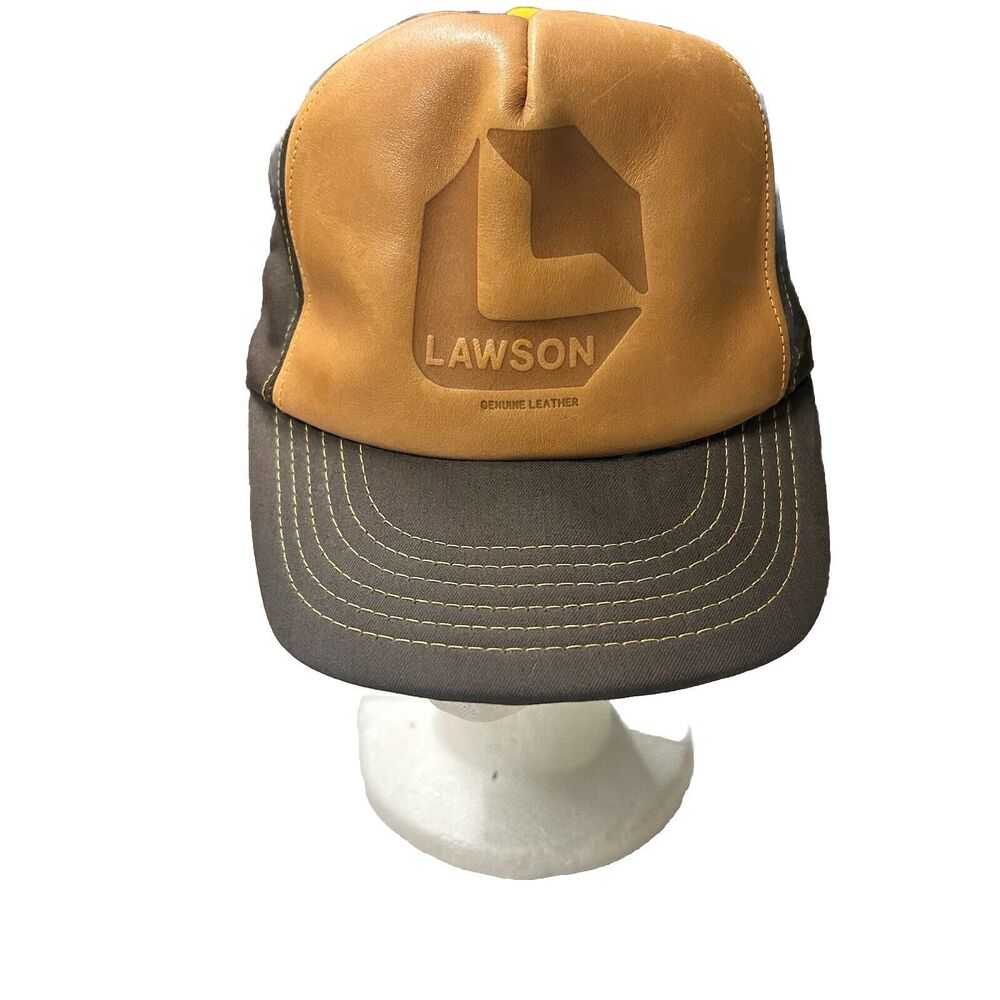 Vtg SnapBack Trucker Hat Cap Genuine Leather Front Full Cover Lawson Paramount